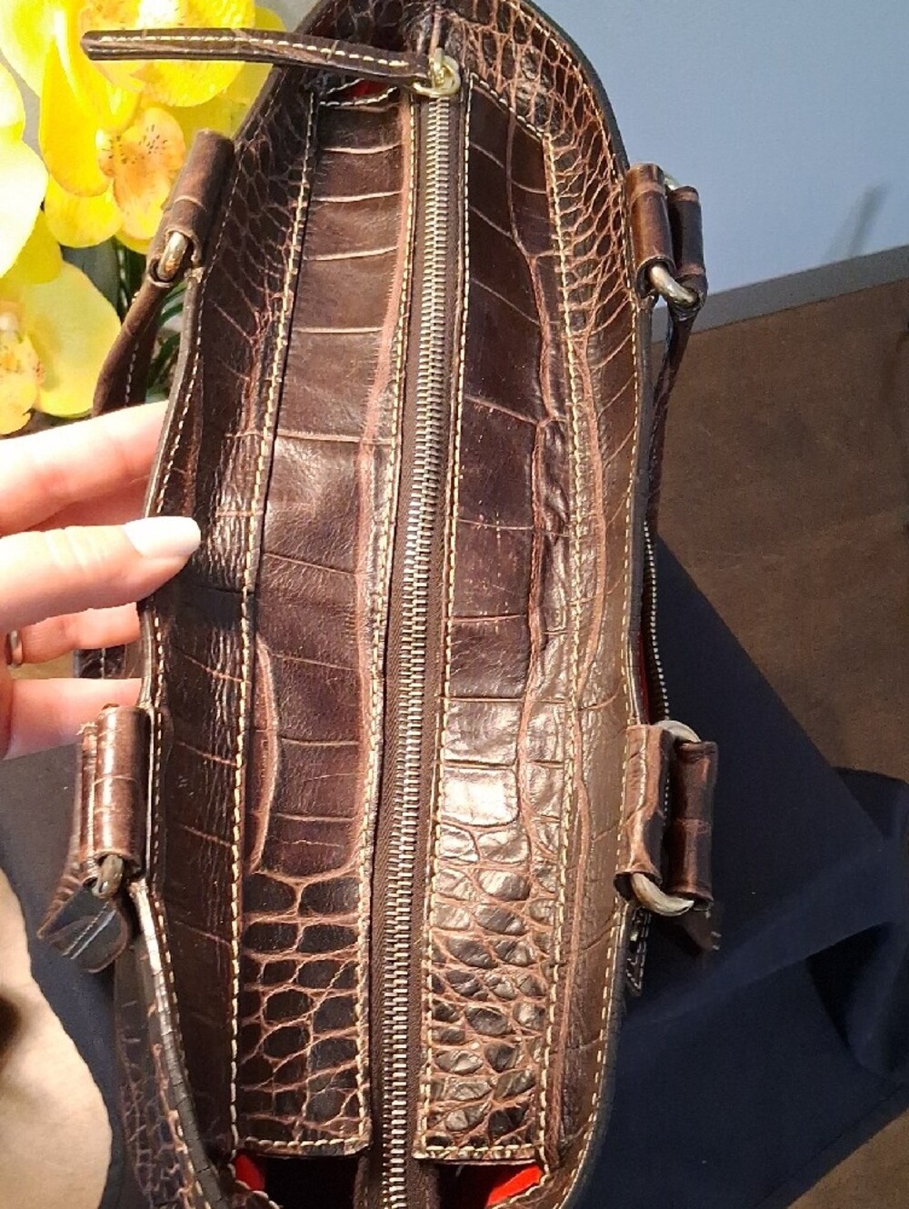 Dooney & Bourke Dark Brown Croc-Embossed Leather Tote with Gold Plaque - Picture 8 of 16